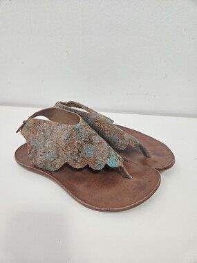 CYDWOQ Sandals Sz 38 Artsy Turquoise Brown Textured Leather Thong Scalloped Edge